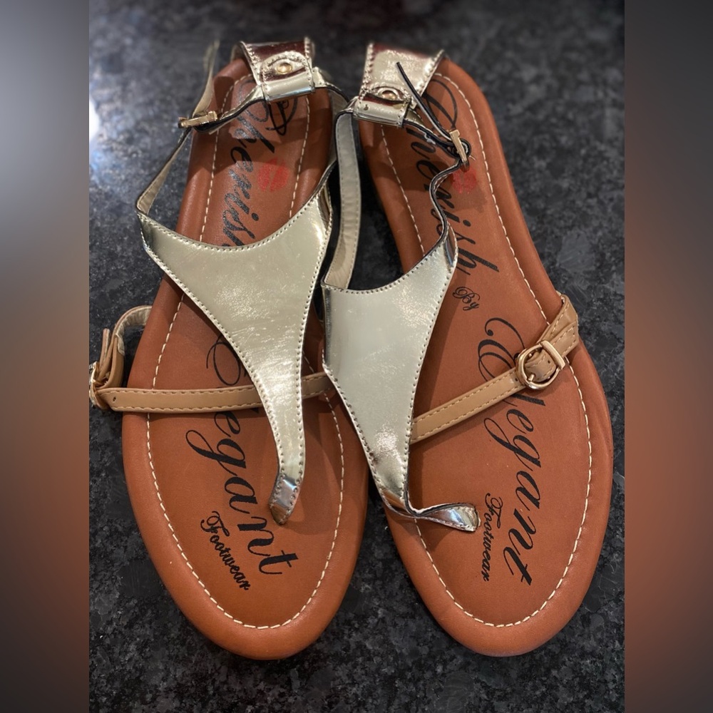 Cherish Gold and Tan T-Strap Sandals